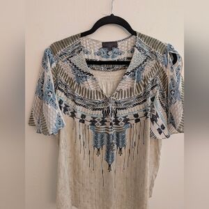 Hale Bob Silk Blend Boho Print Lace Up Blouse Size L